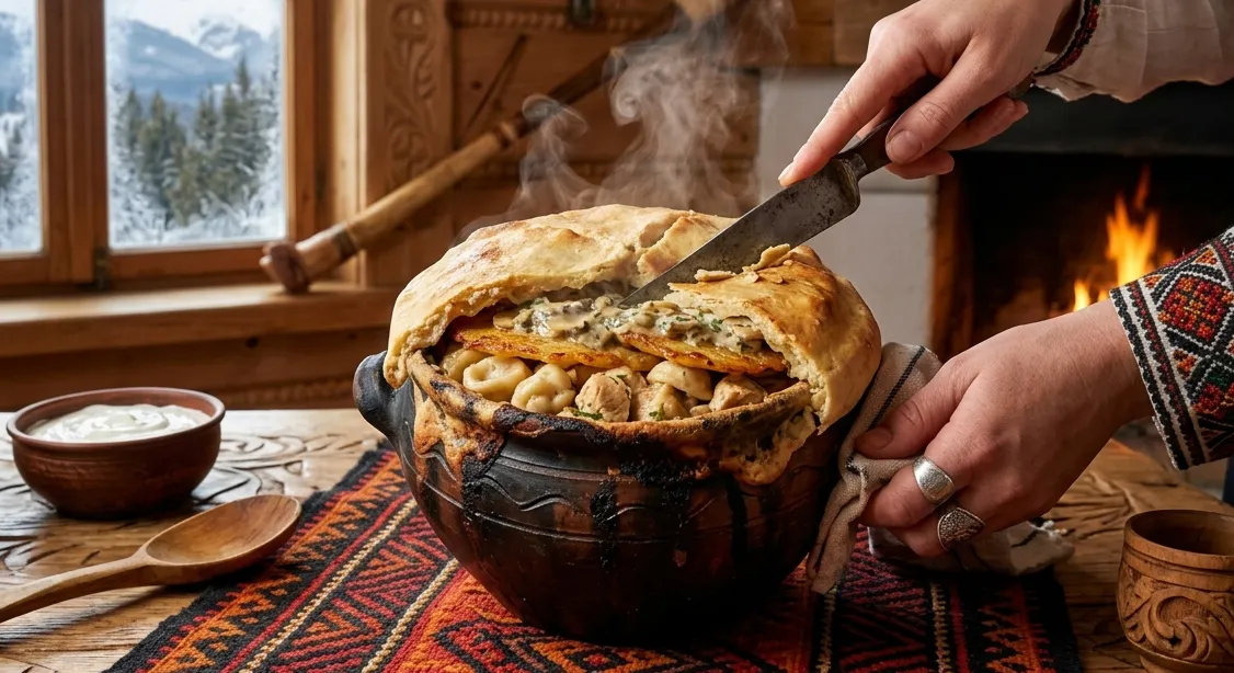 Печеня по-гуцульськи — три страви в одному горщику: курятина, галушки і деруни під коржем